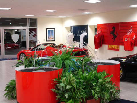 leap-jet fountains at Maserati/Ferrari dealership
